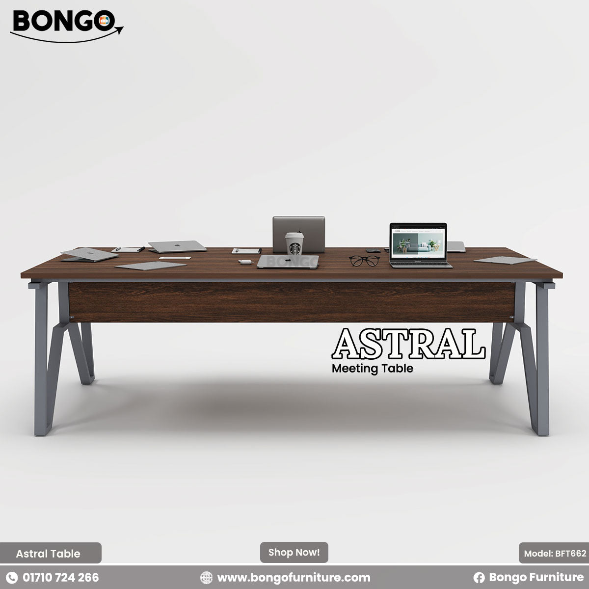 Bongo Astral meeting table with office items on a white background