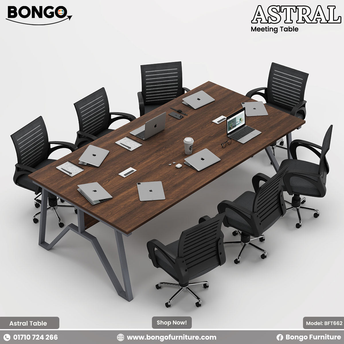 Aerial view of a Water Resistant Strong Laminated Board meeting table with black chairs and laptops on a white background, featuring Bongo Furniture branding.