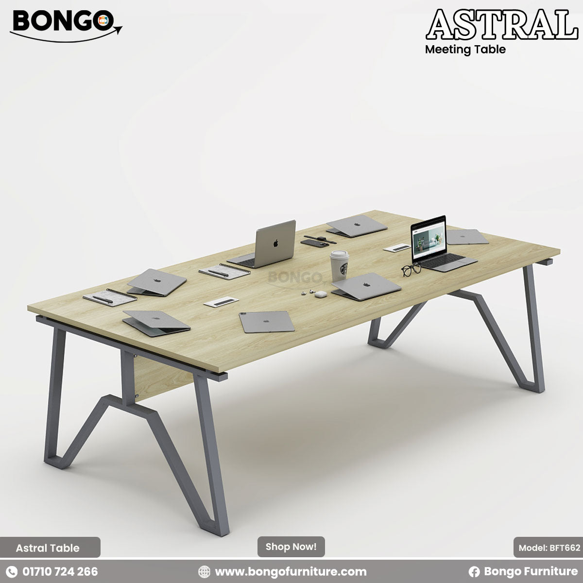 Bongo Astral meeting table with multiple laptops and devices on a white background