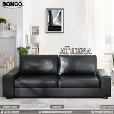Black leather sofa named 'Athena' in a living room setting with Bongo Furniture branding.
