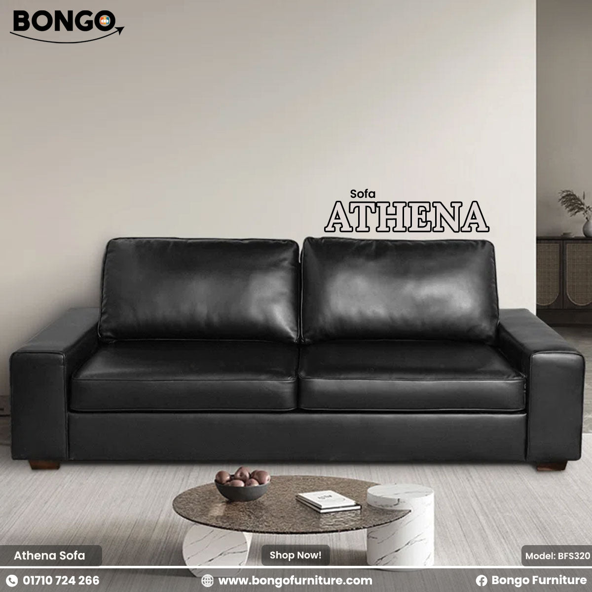 Black leather sofa labeled 'Athena' with Bongo Furniture branding.