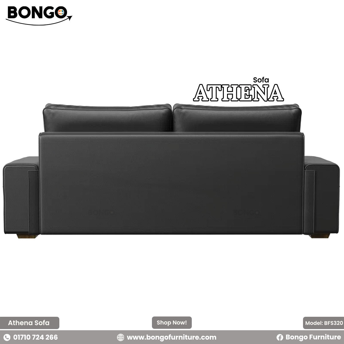 Black sofa labeled 'Athena' with Bongo Furniture branding on a white background