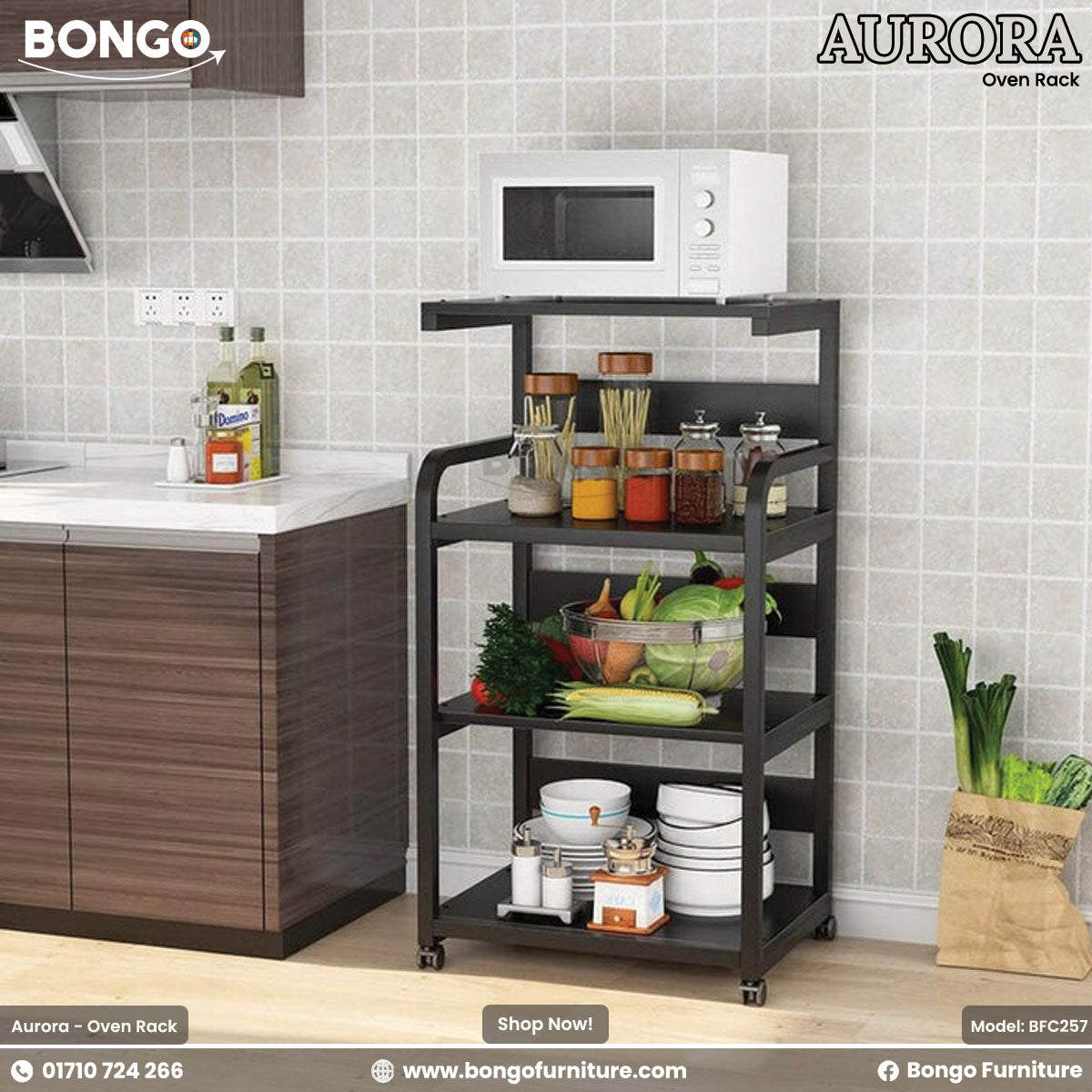 A white Aurora oven rack with multiple shelves, placed in a kitchen setting with a microwave on top and various kitchen items around it.