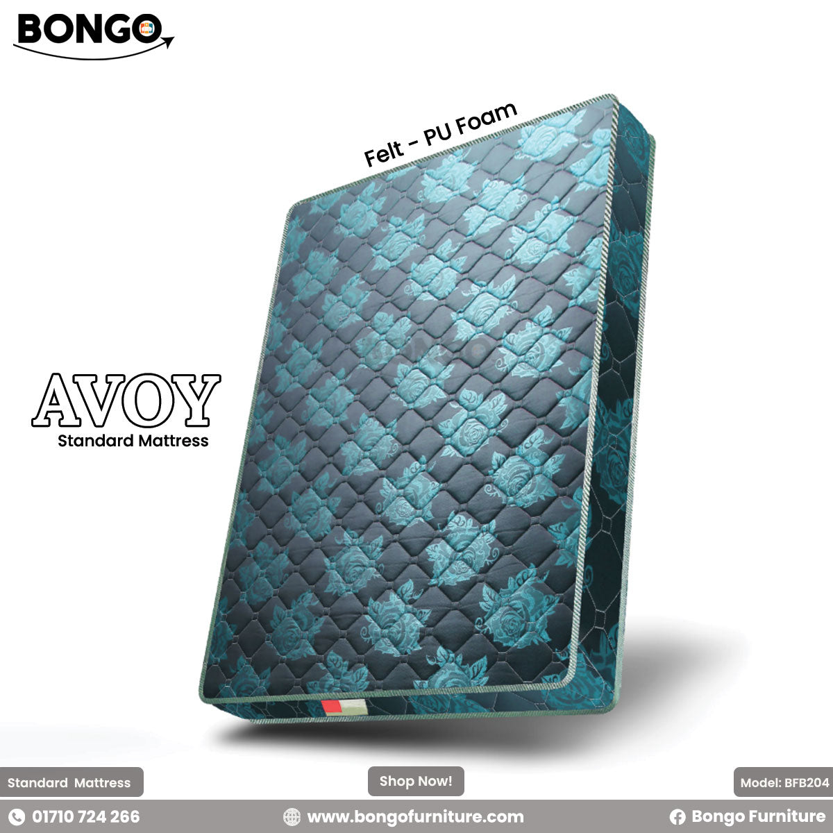 A product image of the Bongo "AVOY" mattress standing upright. It is a thick, quilted mattress made from felt and PU foam, with a prominent teal and black rose pattern.