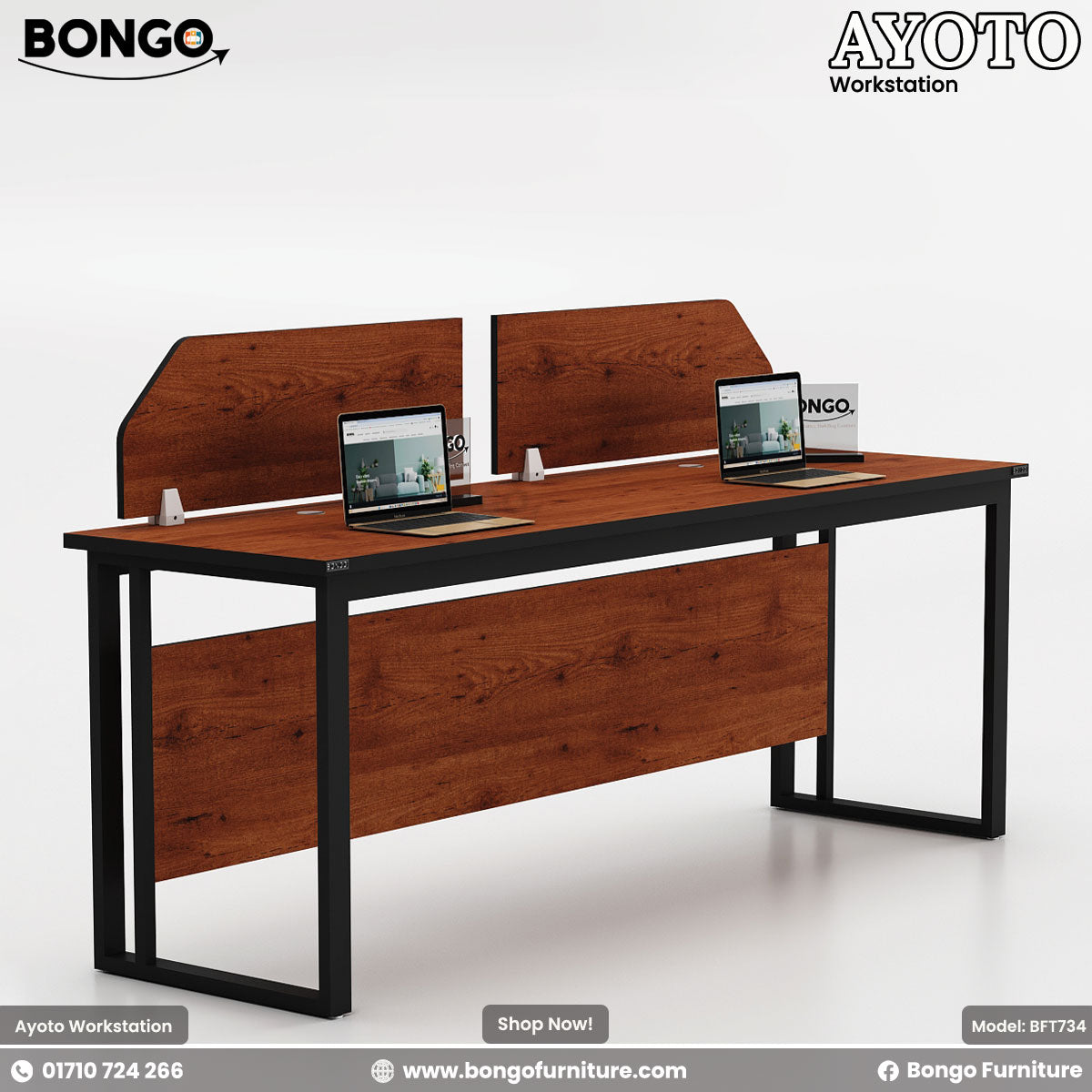 Ayoto Workstation featuring a black metal frame and brown Water Resistant Strong Laminated Board finish with two laptops on it, set against a white background.
