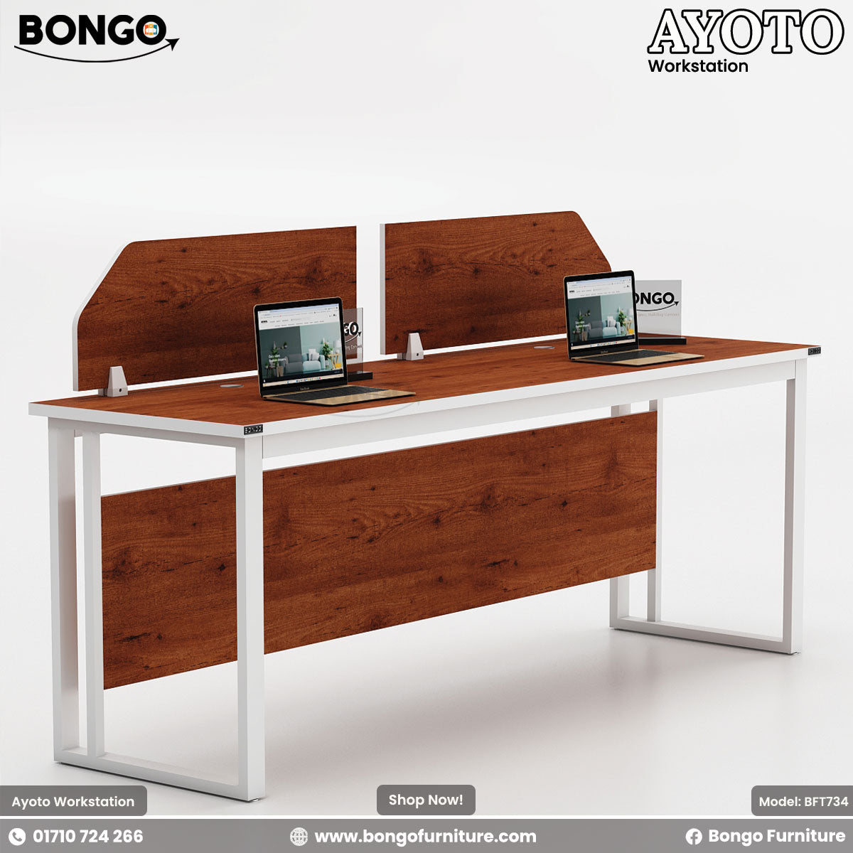 Ayoto Workstation featuring a black metal frame and brown Water Resistant Strong Laminated Board finish with two laptops on it, set against a white background.