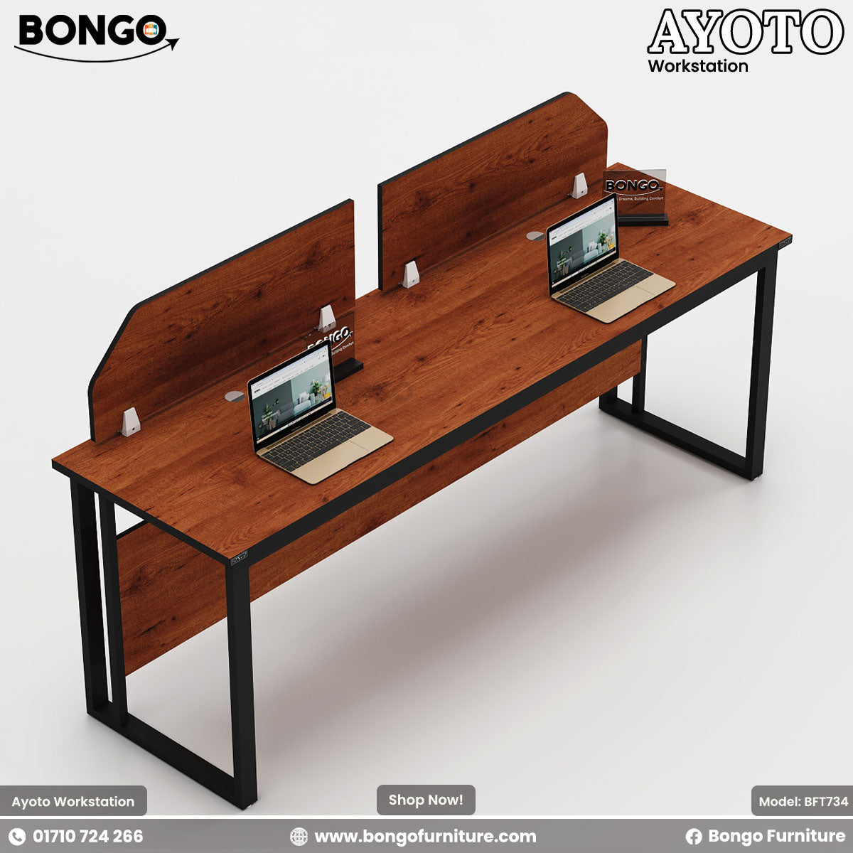Ayoto Workstation featuring a black metal frame and brown Water Resistant Strong Laminated Board finish with two laptops on it, set against a white background.