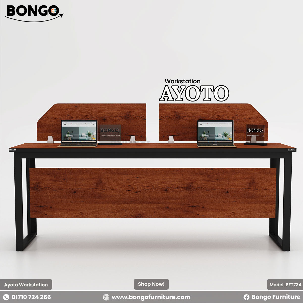 Ayoto Workstation featuring a black metal frame and brown Water Resistant Strong Laminated Board finish with two laptops on it, set against a white background.