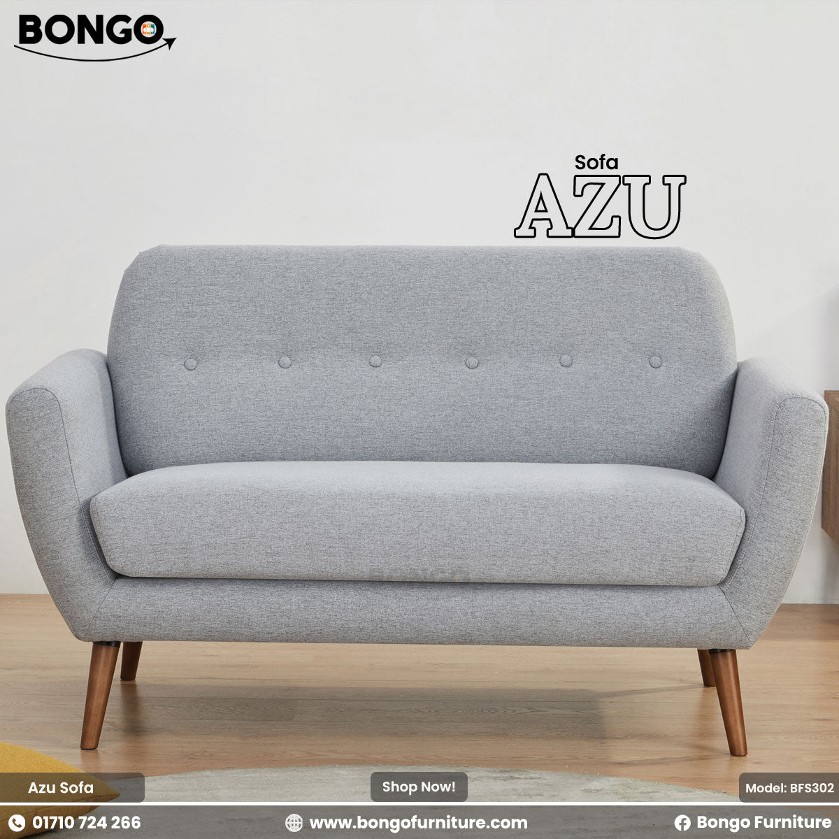 Gray sofa labeled 'Sofa AZU' with Bongo Furniture branding on a light background