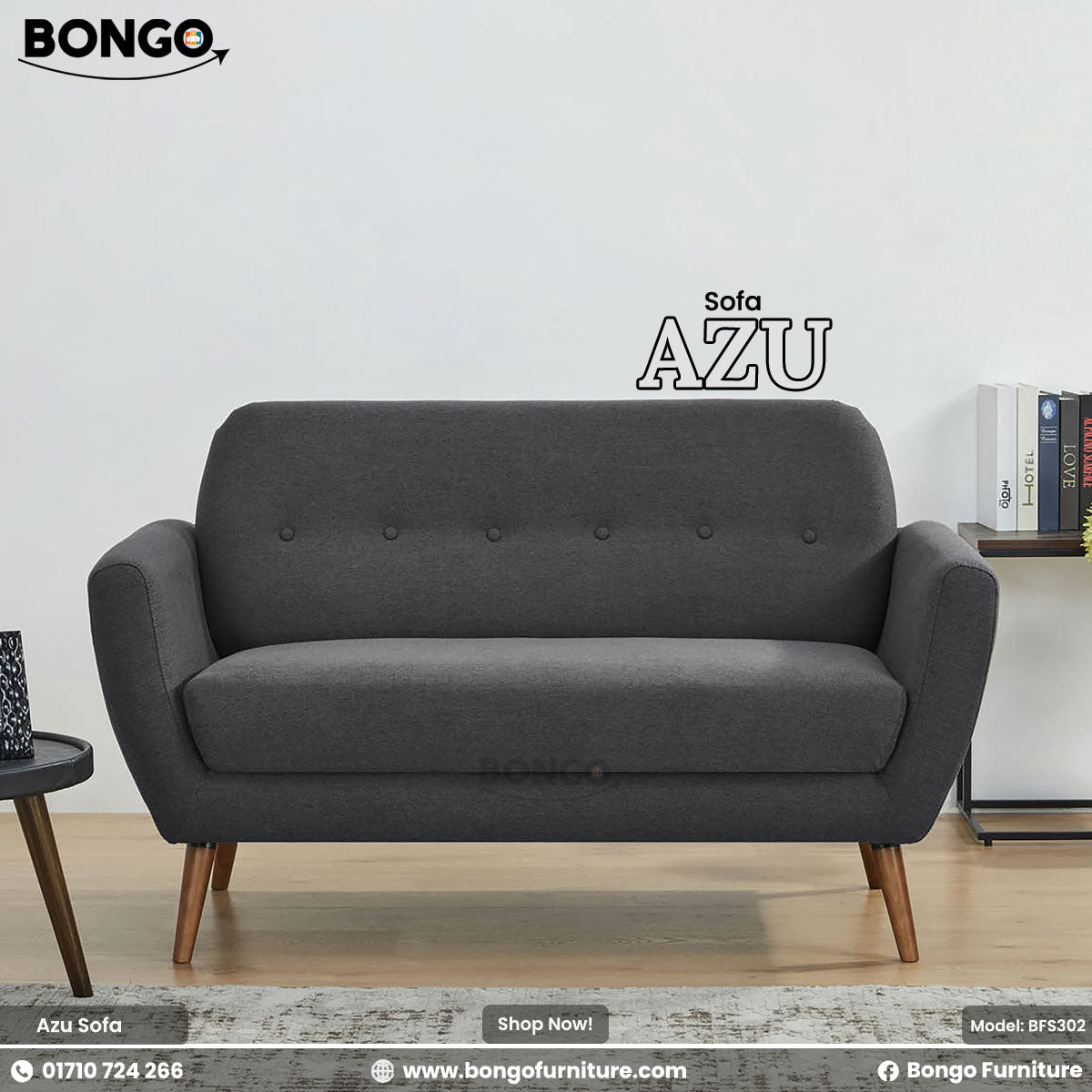 Gray sofa labeled 'Sofa AZU' with Bongo Furniture branding on a light gray background.