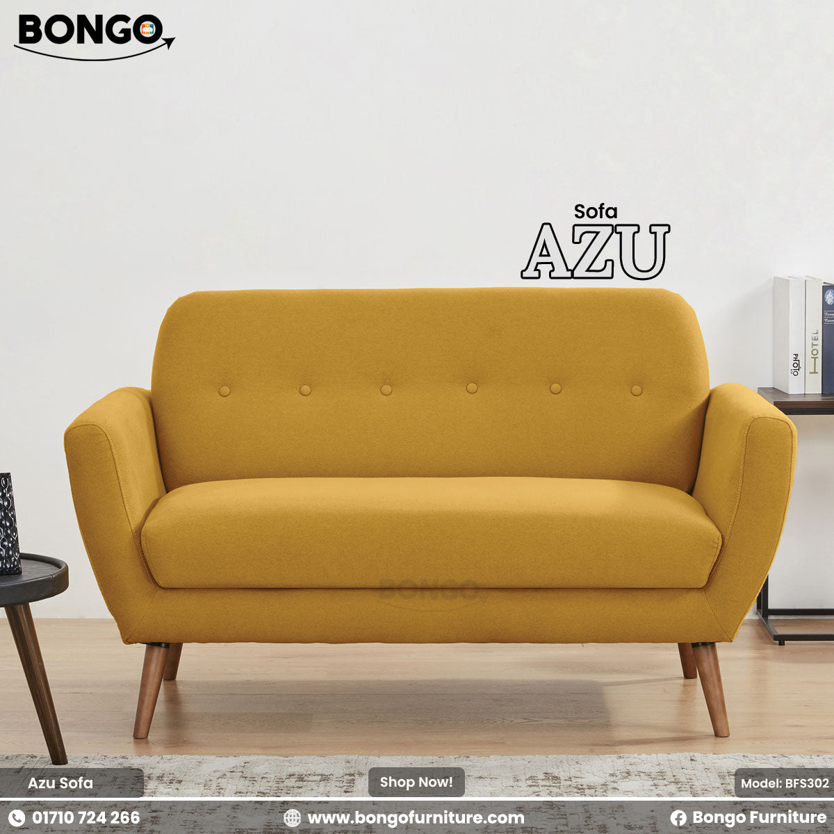 Yellow sofa labeled 'Sofa AZU' with Bongo Furniture branding on a white background.