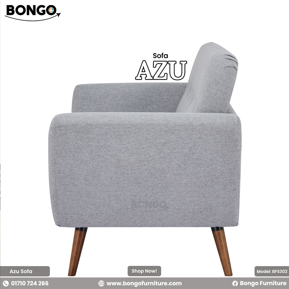 Gray sofa with wooden legs on a white background, featuring the Bongo Furniture brand.
