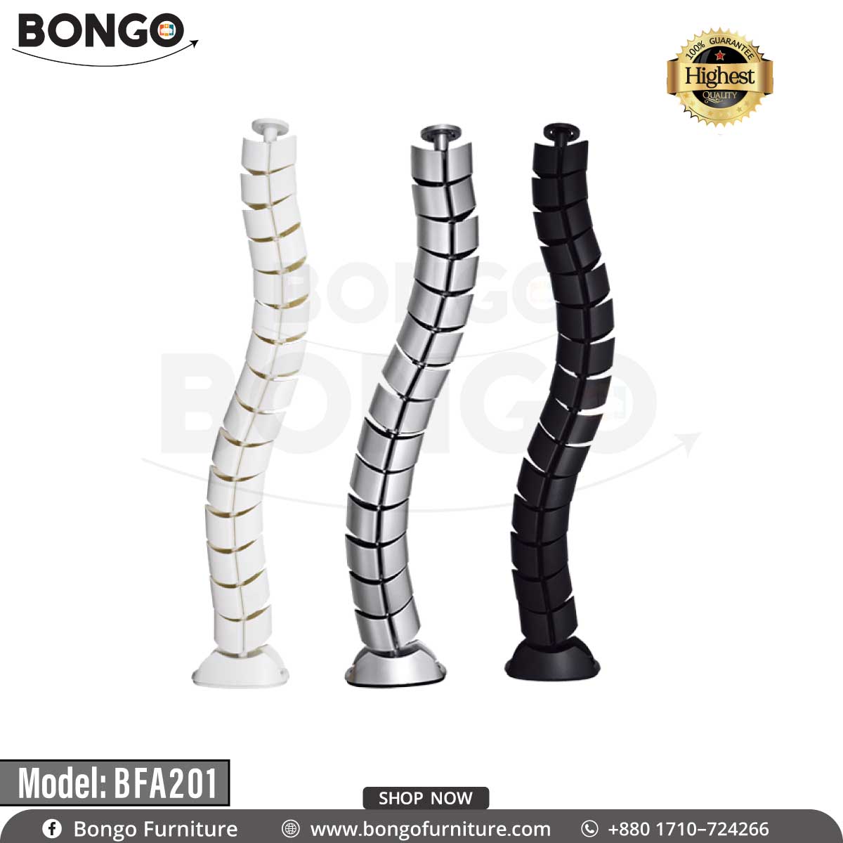 A modern, flexible vertical cable management spine with a silver finish. The cable manager is made of interlocking, vertebra-like segments that allow it to bend and curve. It is shown standing on its weighted floor base against a plain white background.