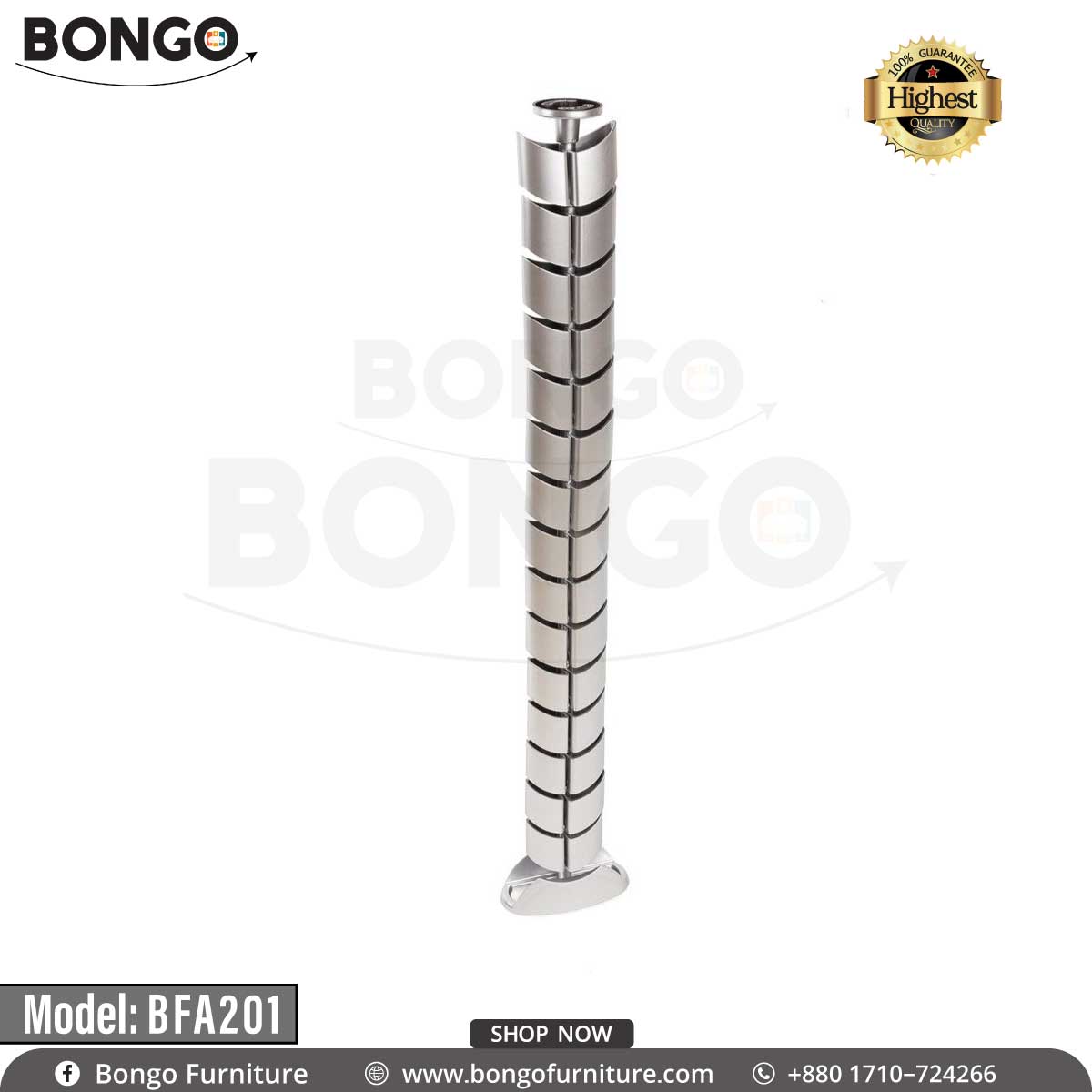 A modern, flexible vertical cable management spine with a silver finish. The cable manager is made of interlocking, vertebra-like segments that allow it to bend and curve. It is shown standing on its weighted floor base against a plain white background.