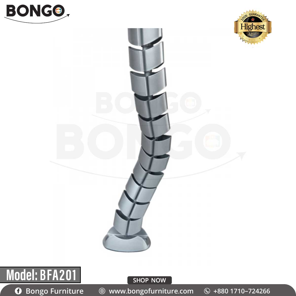 A modern, flexible vertical cable management spine with a silver finish. The cable manager is made of interlocking, vertebra-like segments that allow it to bend and curve. It is shown standing on its weighted floor base against a plain white background.