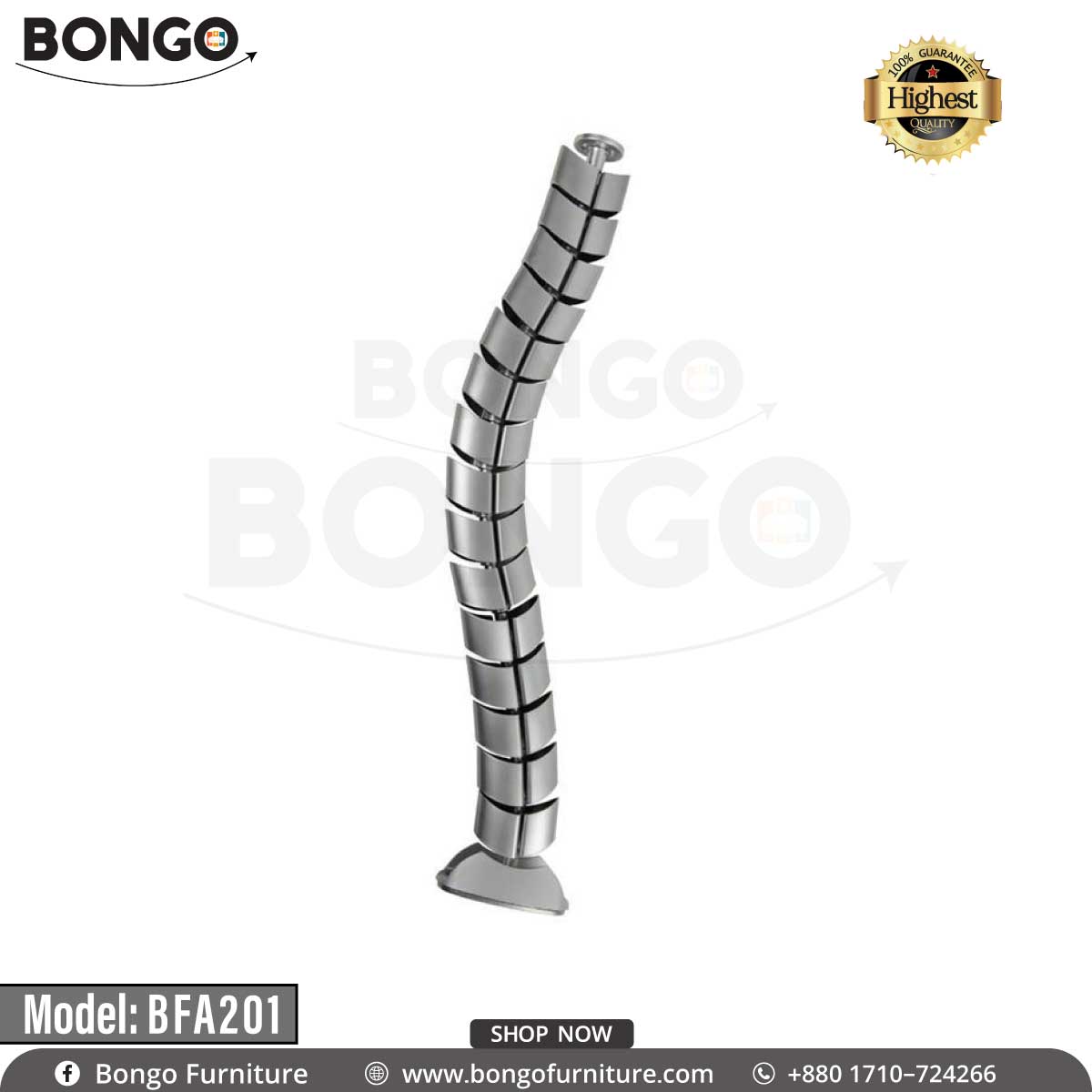 A modern, flexible vertical cable management spine with a silver finish. The cable manager is made of interlocking, vertebra-like segments that allow it to bend and curve. It is shown standing on its weighted floor base against a plain white background.