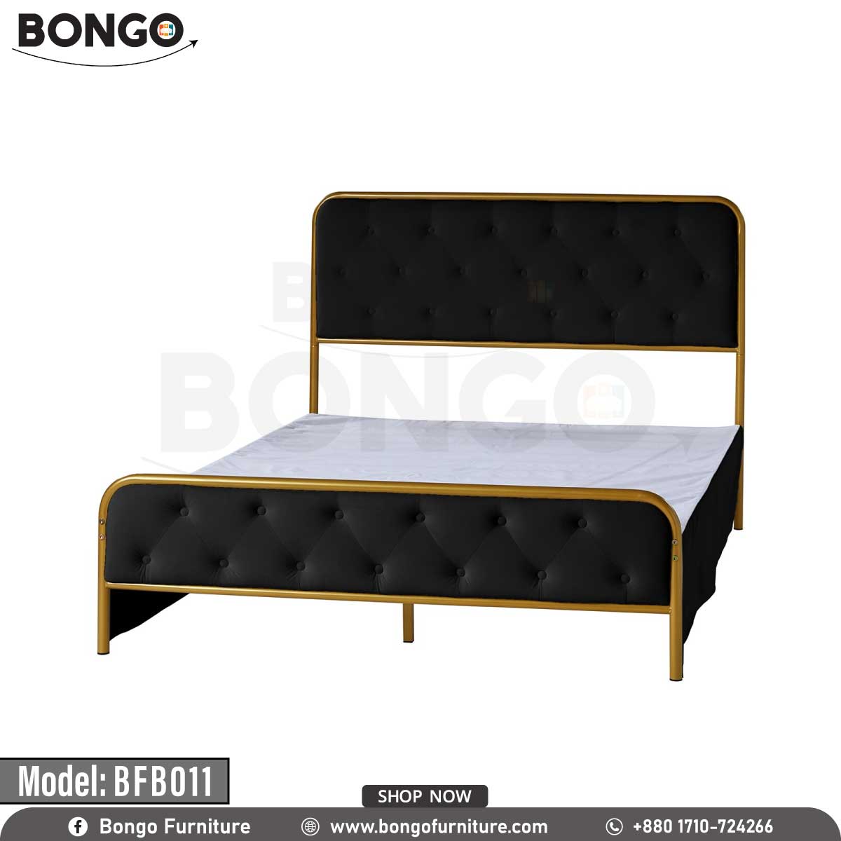 A queen-sized metal bed with a Black headboard and gray upholstery in a room with a light interior.