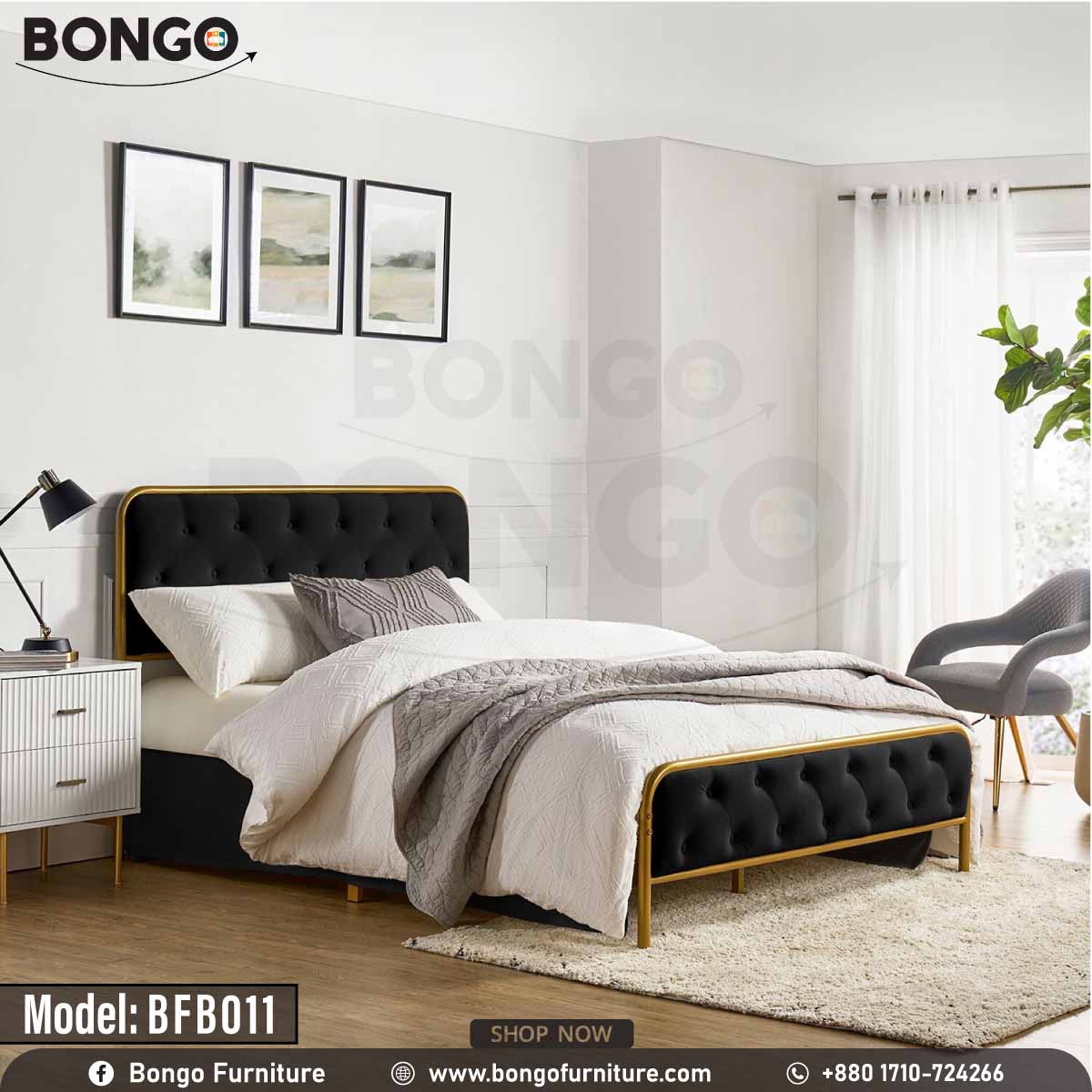 A queen-sized metal bed with a Black headboard and gray upholstery in a room with a light interior.