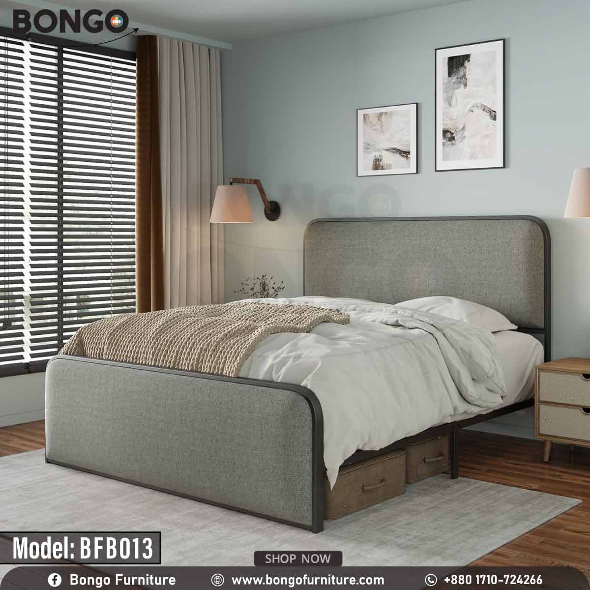 A full size bed with a gray headboard and footboard, featuring a white mattress, placed in a room with nightstands and wall art.