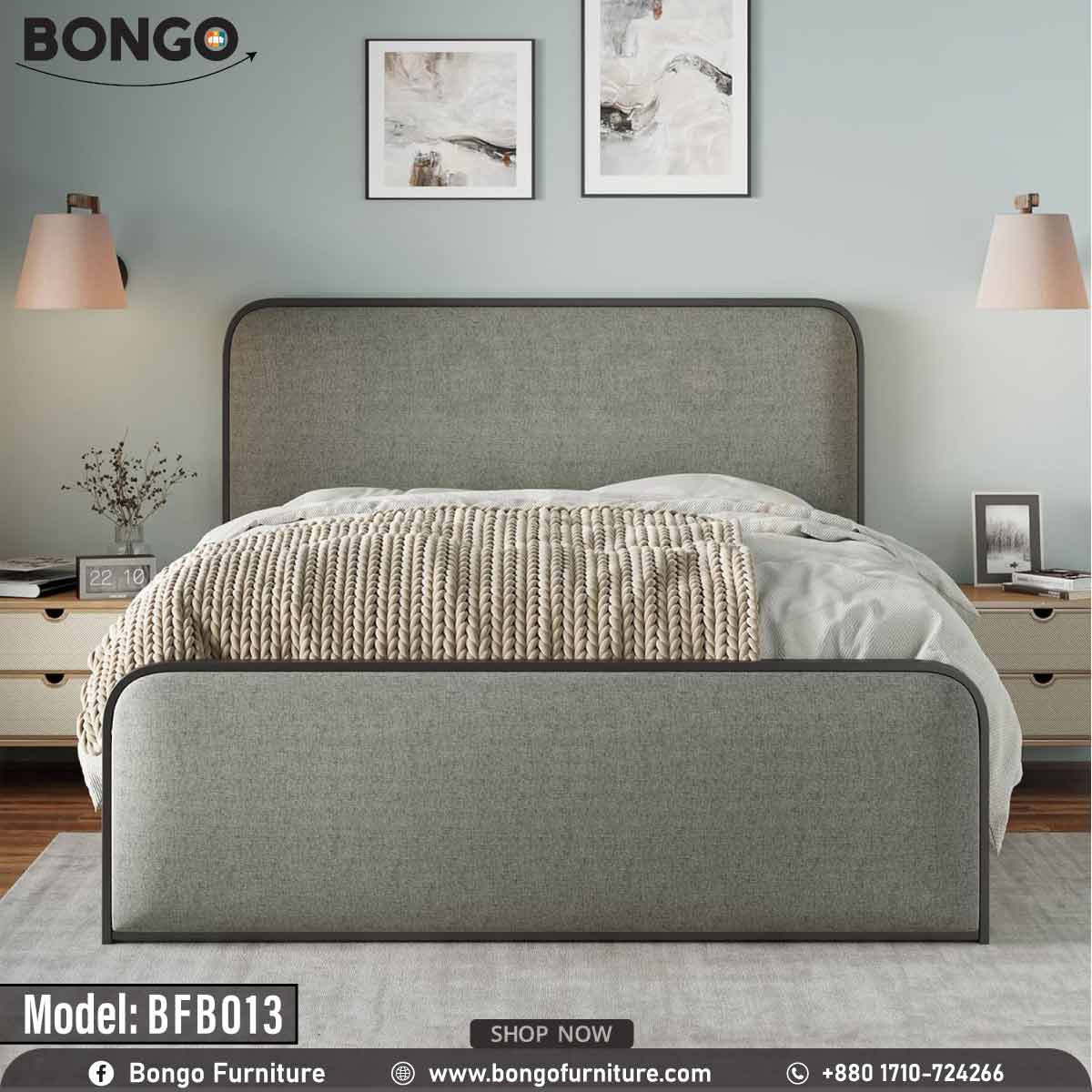 A full size bed with a gray headboard and footboard, featuring a white mattress, placed in a room with nightstands and wall art.