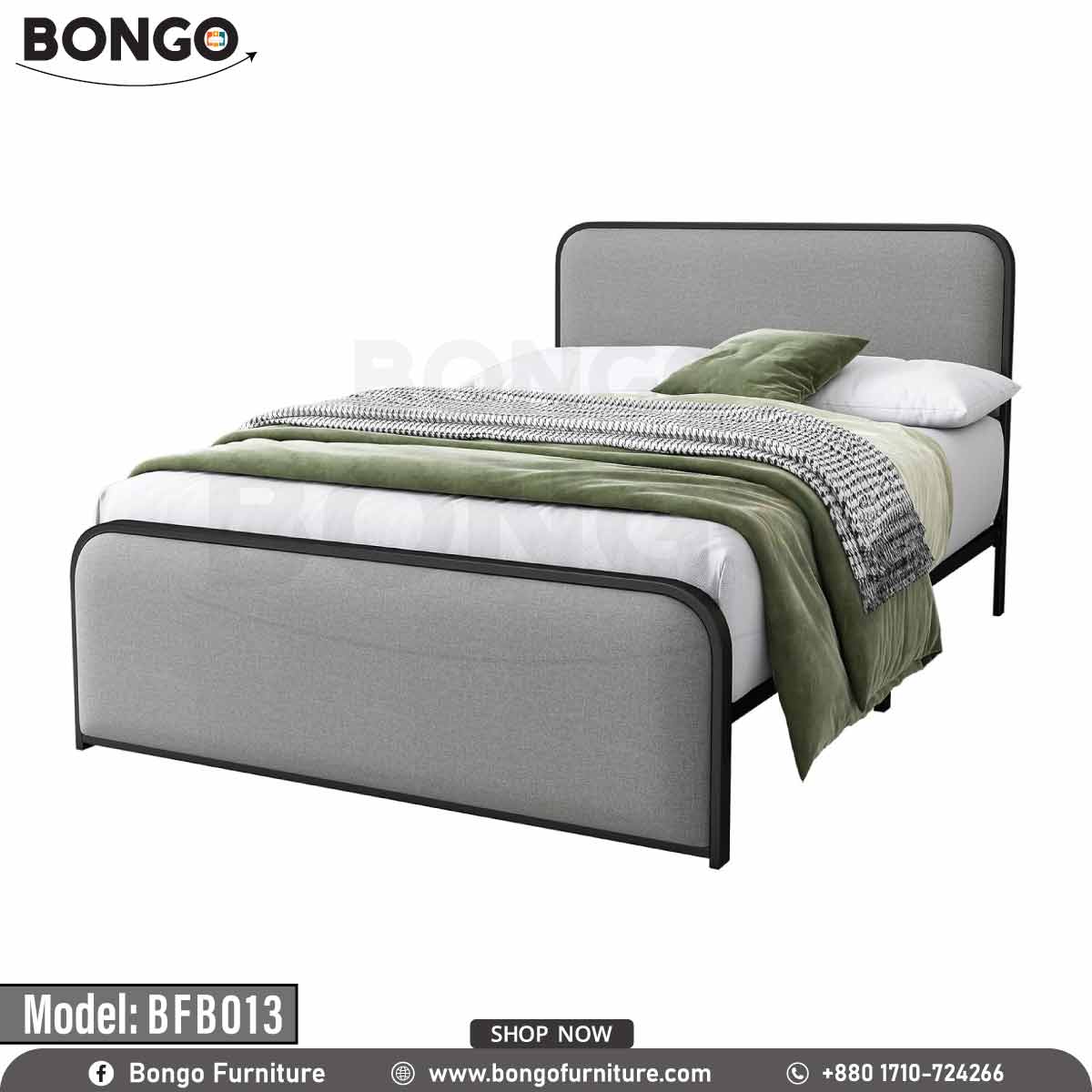 A full size bed with a gray headboard and footboard, featuring a white mattress, placed in a room with nightstands and wall art.