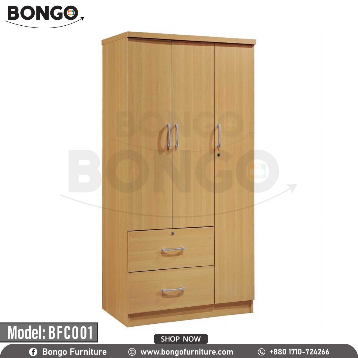 A traditional three-door wardrobe with a light oak Water Resistant Strong Laminated Board finish and silver handles. The upper section consists of a pair of doors on the left and a single, lockable door on the right. Below the left doors is a stack of two wide drawers, the top of which is also lockable. The wardrobe is shown against a white background.