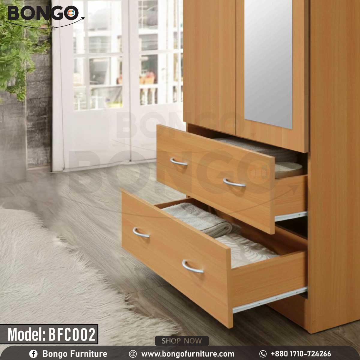 A Beach heritage cupboard with a mirrored section, model BFC002, placed in a living room setting.