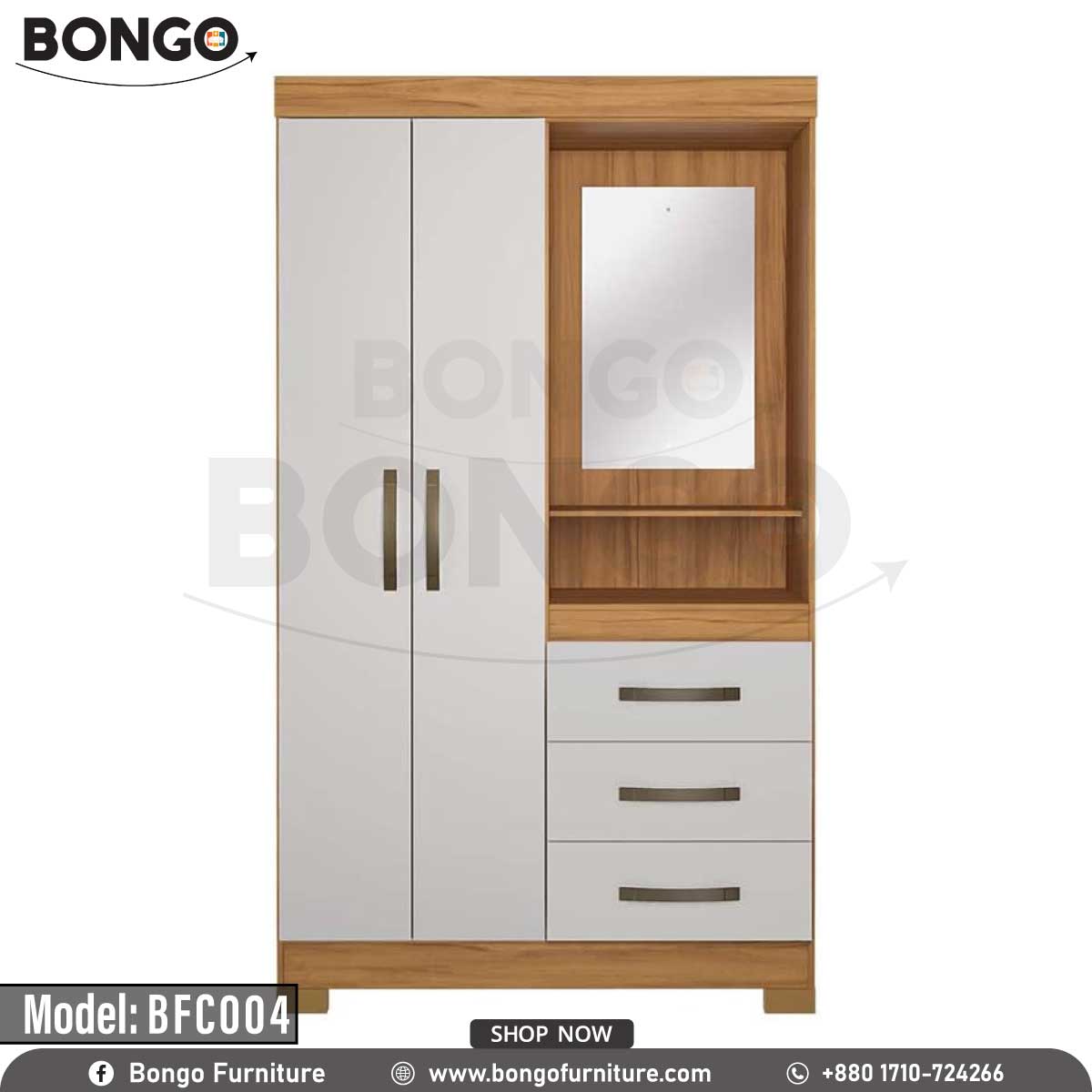 A white and brown wooden cupboard with a mirror on the upper right side, multiple storage drawers, and a closed door on the left side.