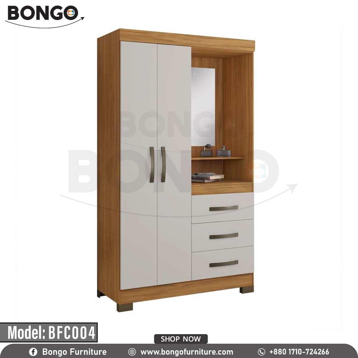 A white and brown wooden cupboard with a mirror on the upper right side, multiple storage drawers, and a closed door on the left side.