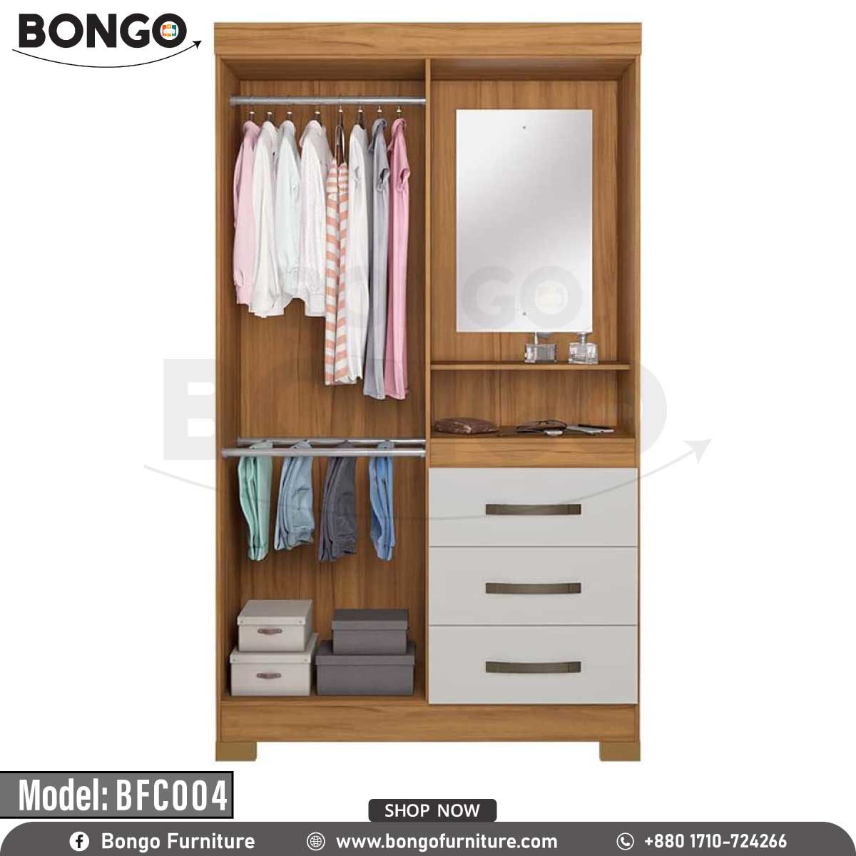A white and brown wooden cupboard with a mirror on the upper right side, multiple storage drawers, and a closed door on the left side.