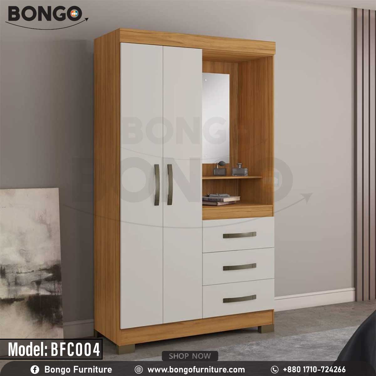 A white and brown wooden cupboard with a mirror on the upper right side, multiple storage drawers, and a closed door on the left side.