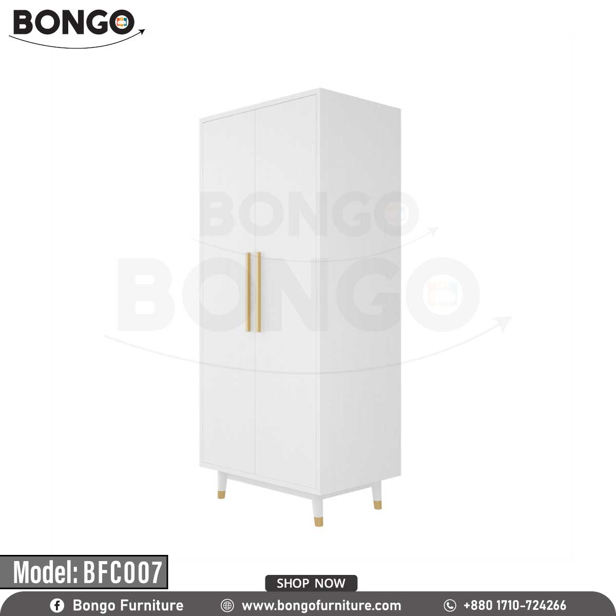 A white Jesty cupboard with gold handles, placed in a bedroom setting, part of the furniture collection BFC007 by Bongo.