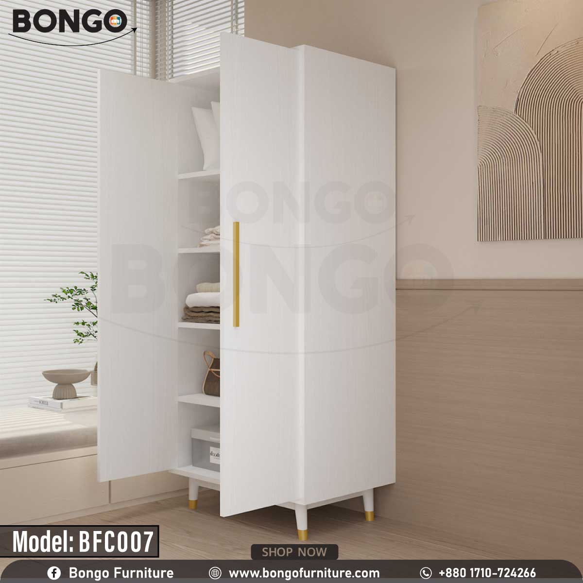 A white Jesty cupboard with gold handles, placed in a bedroom setting, part of the furniture collection BFC007 by Bongo.
