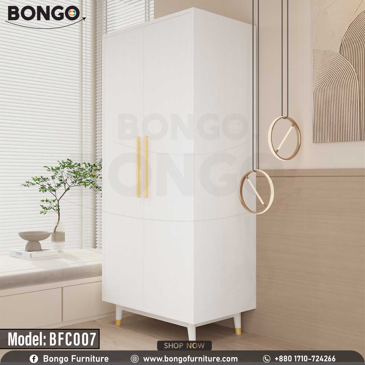 A white Jesty cupboard with gold handles, placed in a bedroom setting, part of the furniture collection BFC007 by Bongo.