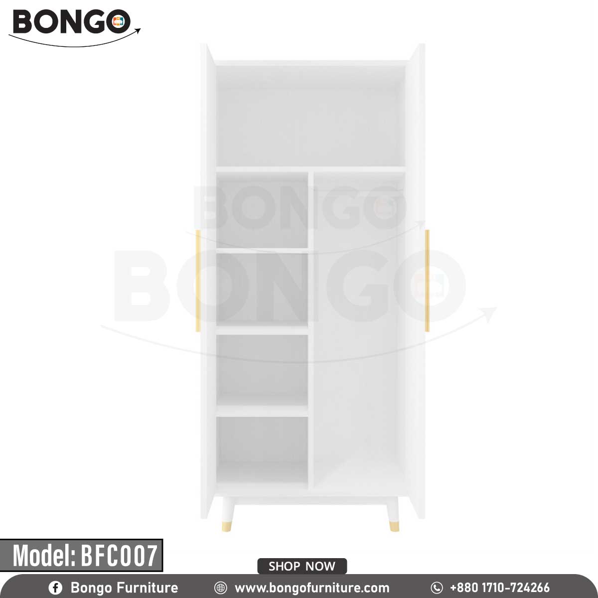 A white Jesty cupboard with gold handles, placed in a bedroom setting, part of the furniture collection BFC007 by Bongo.