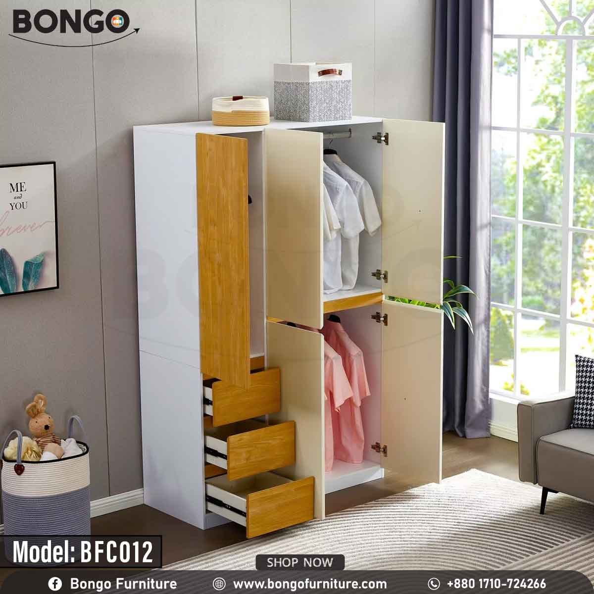 A white Butterfly Cupboard with Water Resistant Strong Laminated Board elements, featuring a closed door and multiple drawers, placed in a room with a potted plant to the side.