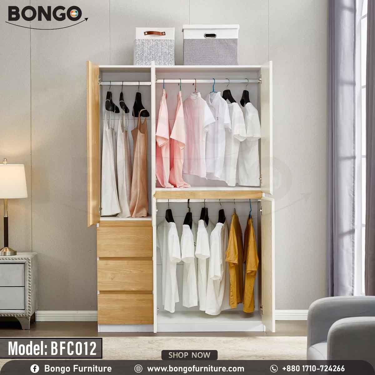 A white Butterfly Cupboard with Water Resistant Strong Laminated Board elements, featuring a closed door and multiple drawers, placed in a room with a potted plant to the side.