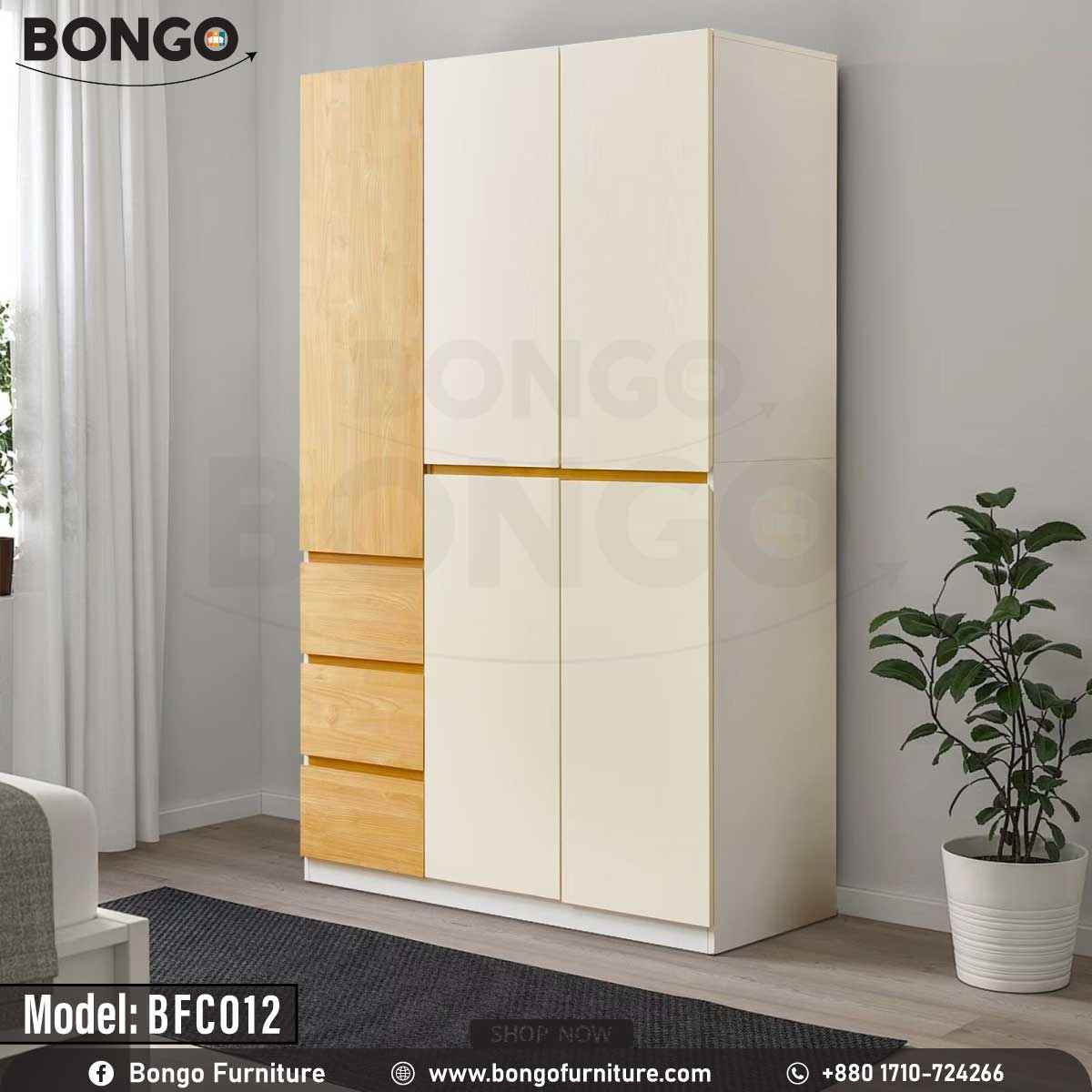 A white Butterfly Cupboard with Water Resistant Strong Laminated Board elements, featuring a closed door and multiple drawers, placed in a room with a potted plant to the side.