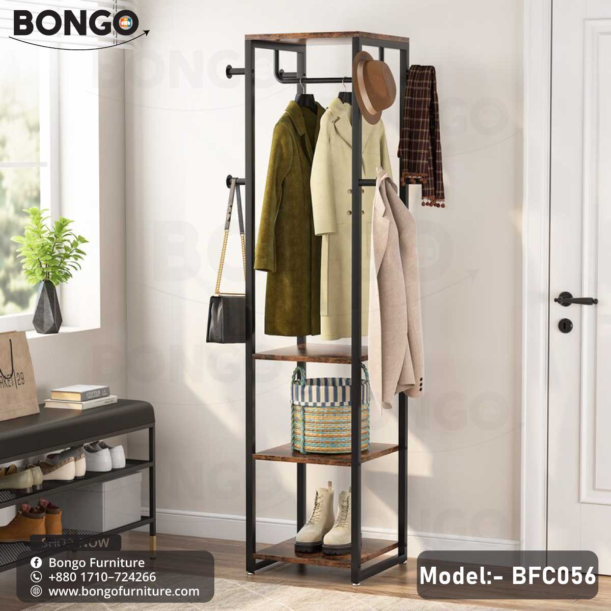 A Antic storage cabinet with clear glass shelves, model BFC352, placed in a bright room with decorative items on the shelves and a plant beside it.