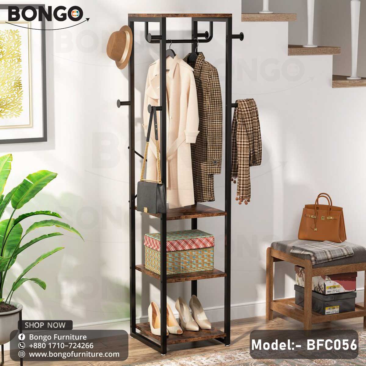 A Antic storage cabinet with clear glass shelves, model BFC352, placed in a bright room with decorative items on the shelves and a plant beside it.