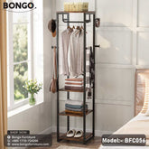 A black steel frame hall tree with a series of shelves, on which various clothes and accessories are neatly arranged.