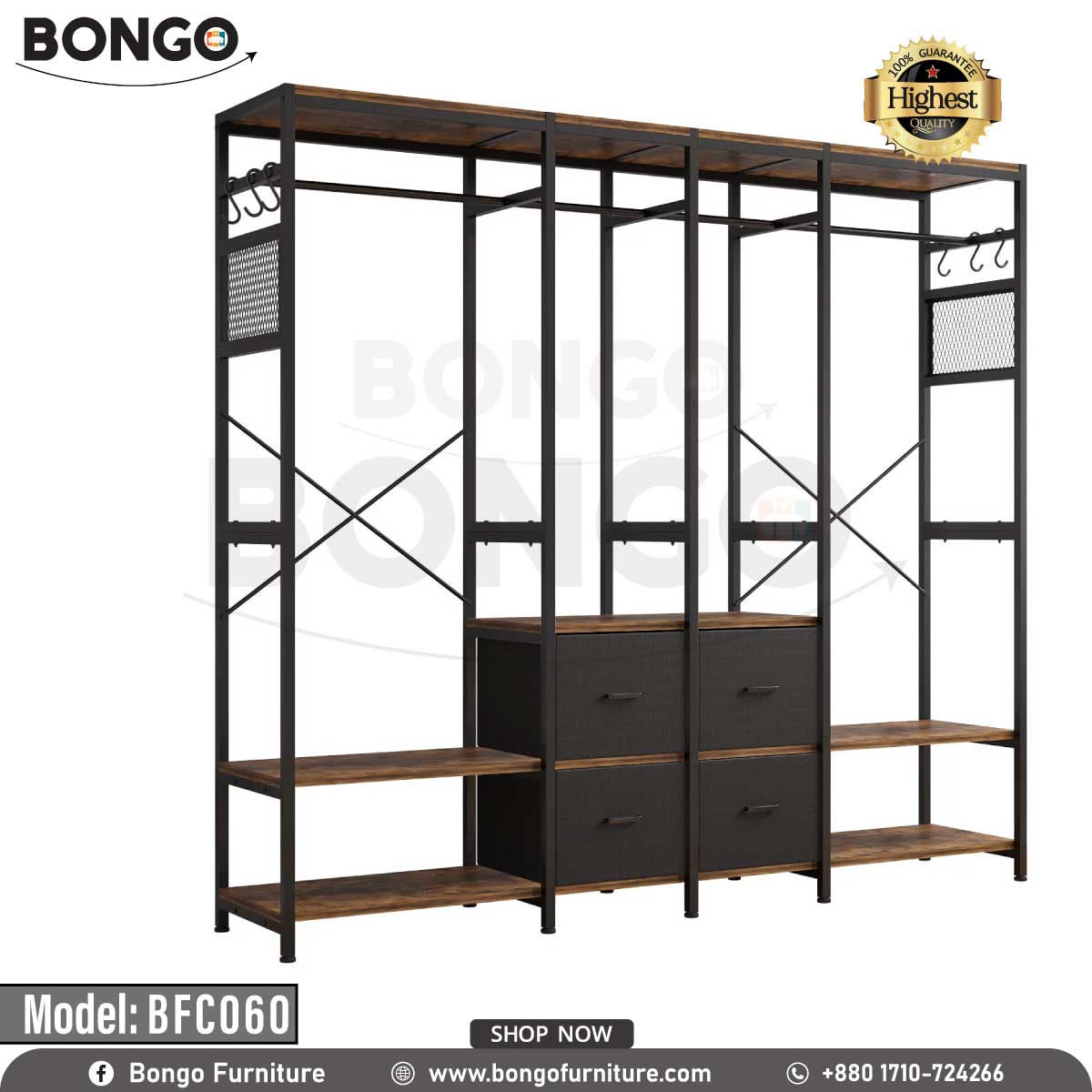 A black closet organizer with multiple shelves, filled with clothes and other storage items, against a white background.