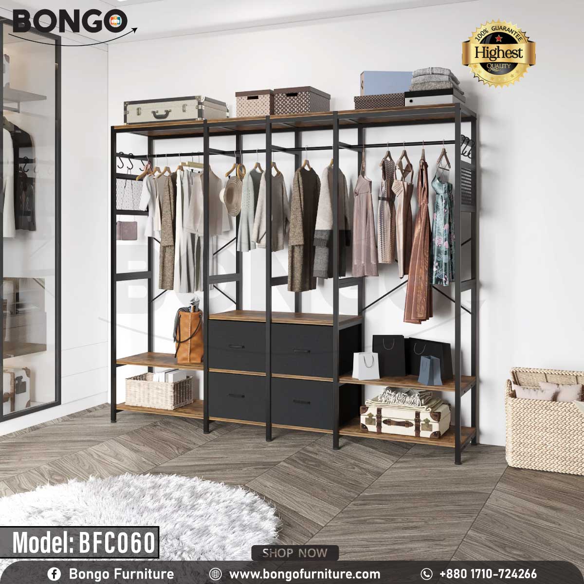 A black closet organizer with multiple shelves, filled with clothes and other storage items, against a white background.