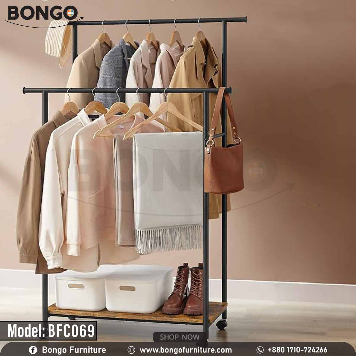 A black metal closet hanger with a series of beige and brown garments neatly organized on it, placed against a light background.