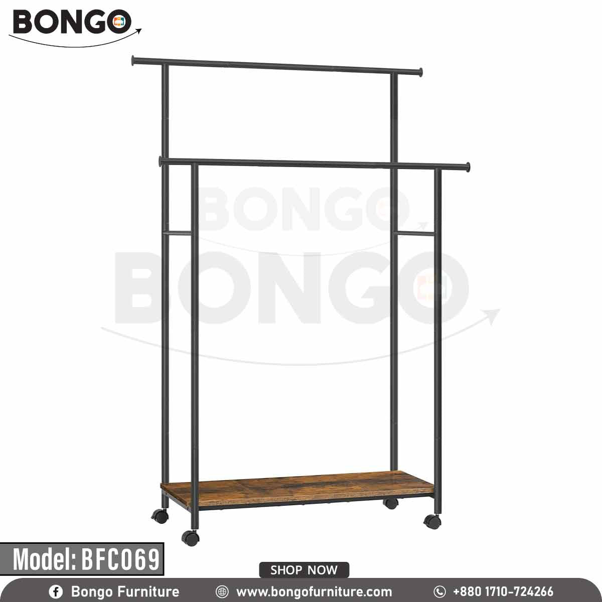 A black metal closet hanger with a series of beige and brown garments neatly organized on it, placed against a light background.