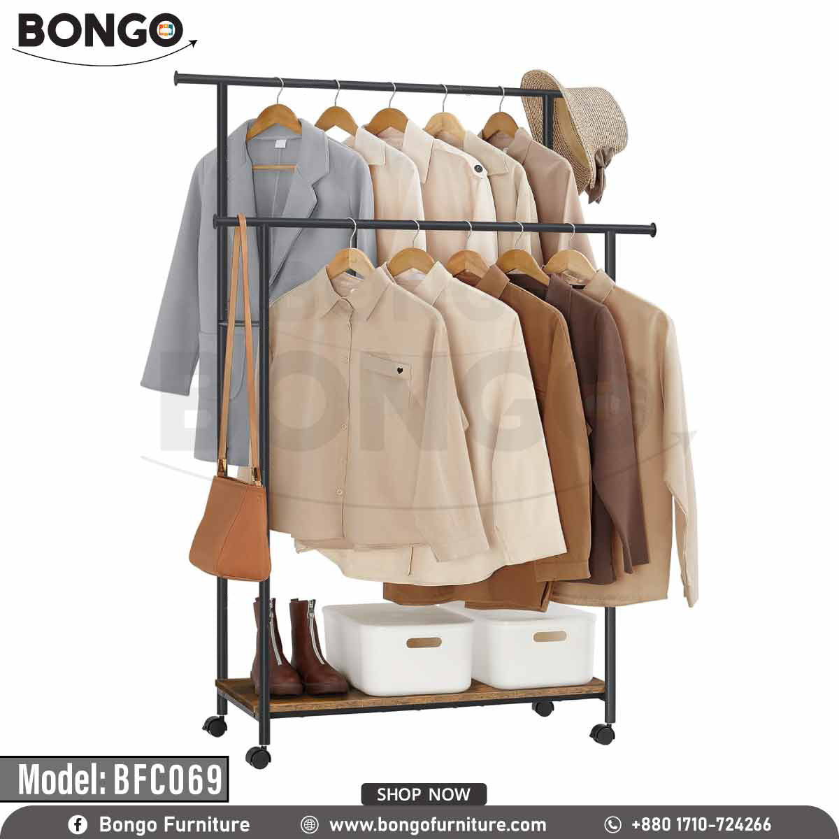 A black metal closet hanger with a series of beige and brown garments neatly organized on it, placed against a light background.
