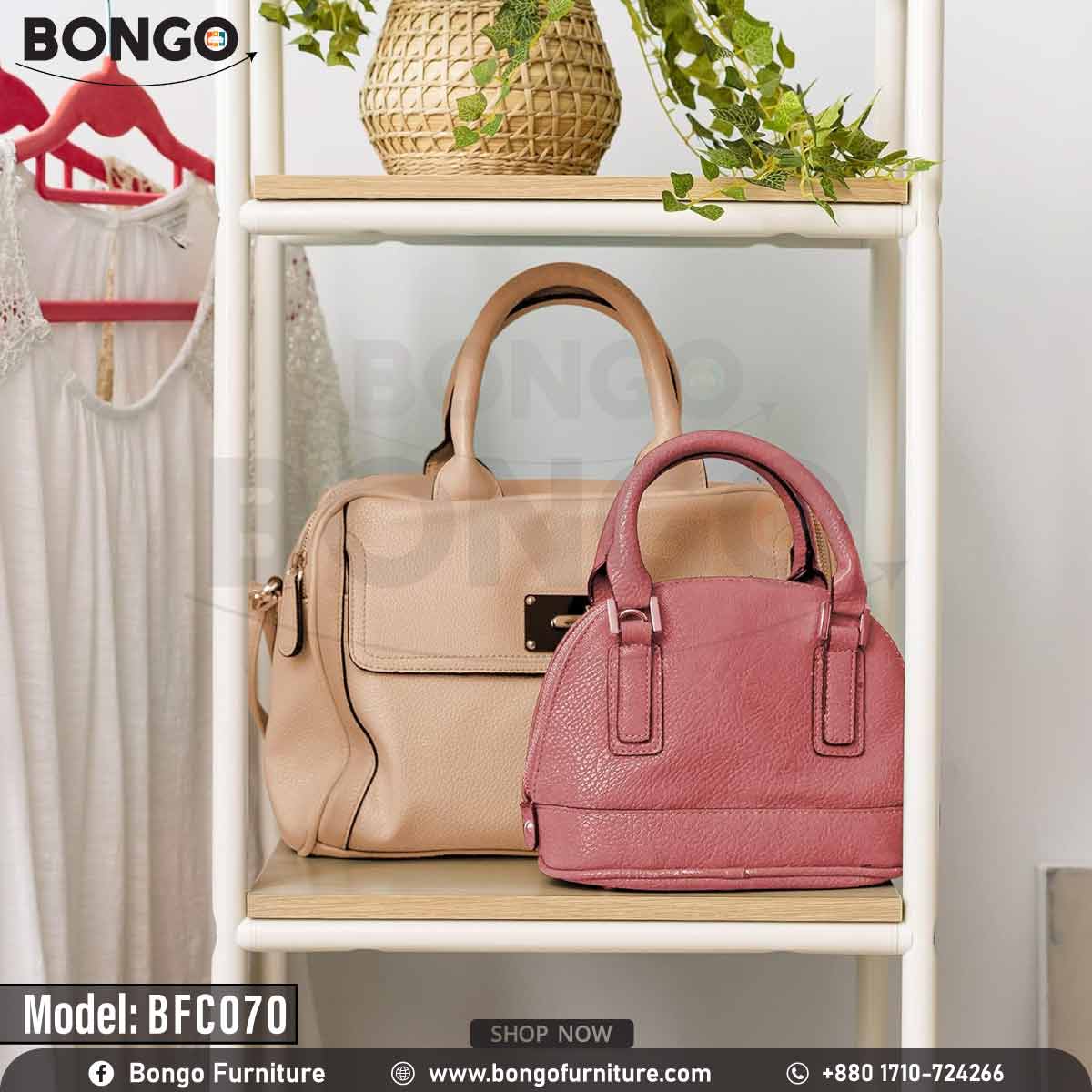 An industrial-style open garment rack from BONGO, featuring a black metal frame and dark wood-grain shelves. The unit has a wide section with a hanging rod on the right and a narrow five-tier shelving tower on the left. The rack is shown in a bedroom, fully stocked with clothes, shoes, and a scarf.