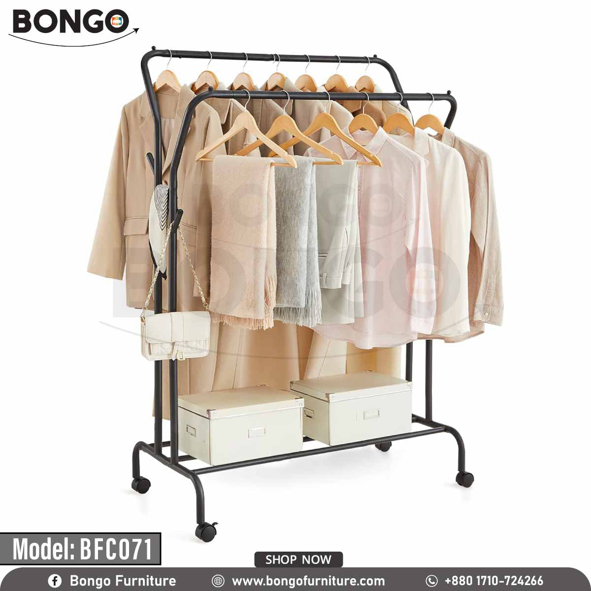 A black steel closet hanger with multiple hanging bars and a lower shelf, filled with various garments and accessories.