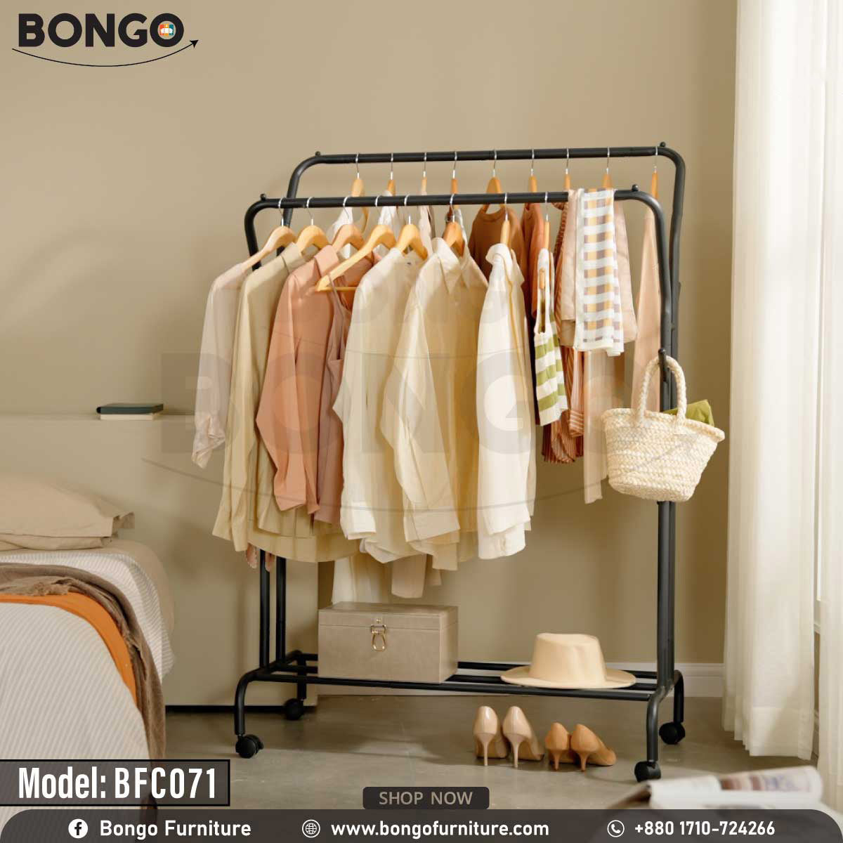 A black steel closet hanger with multiple hanging bars and a lower shelf, filled with various garments and accessories.