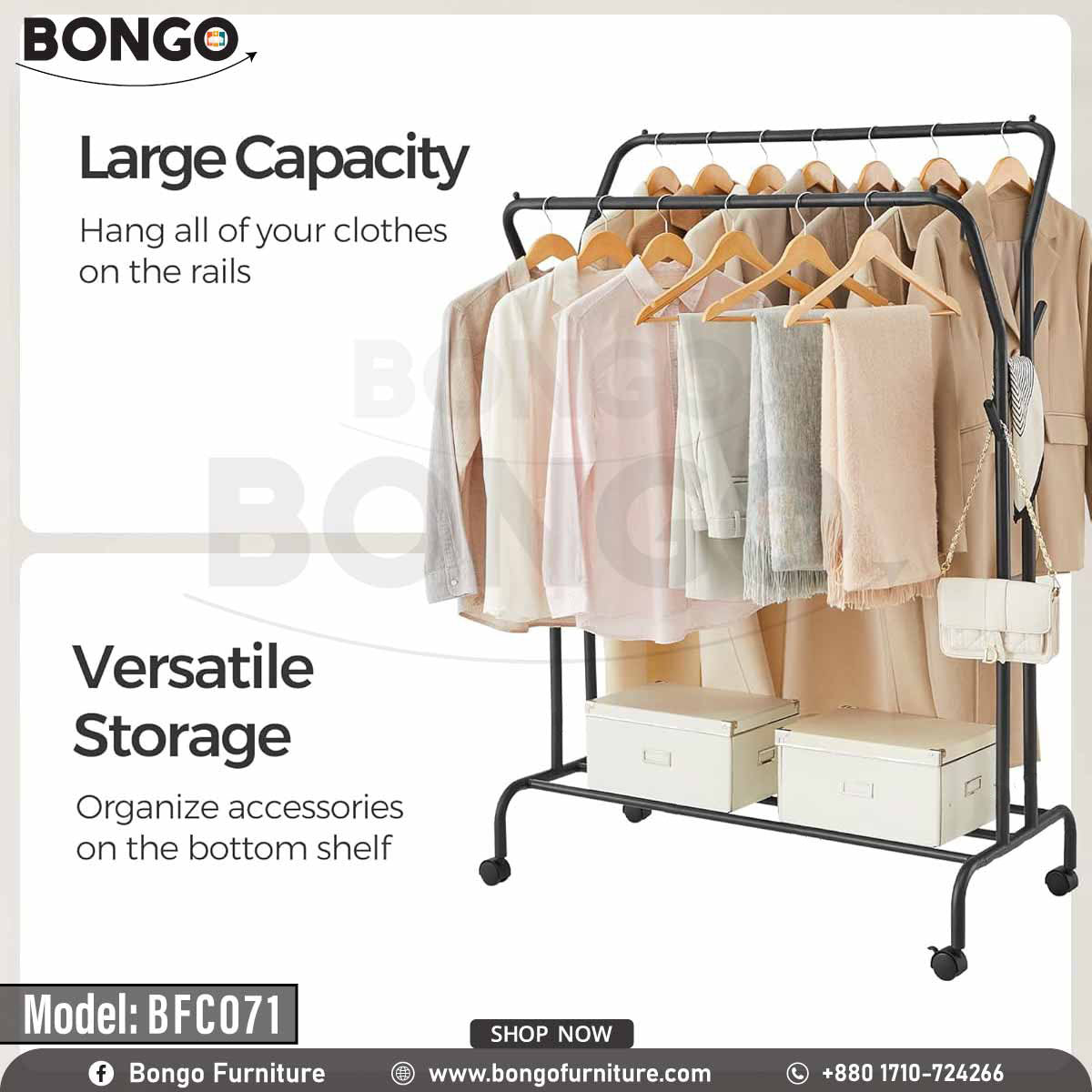 A black steel closet hanger with multiple hanging bars and a lower shelf, filled with various garments and accessories.